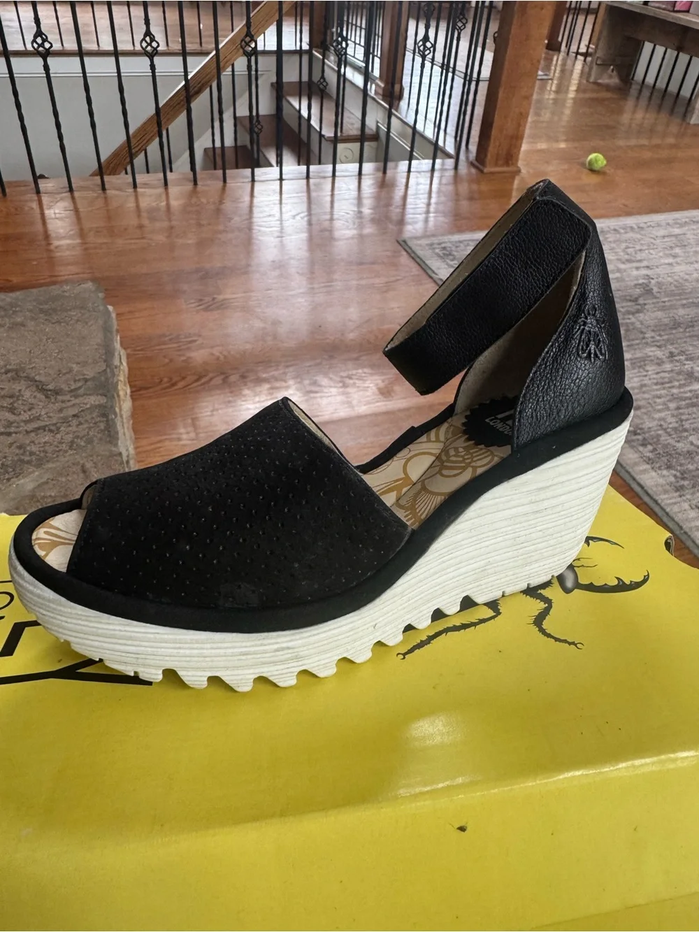 Fly London Yake black suede platform peep toe ankle wrap sandals